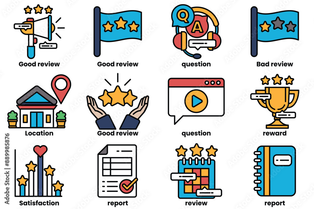 Poster set of icons in line style in the concept about the business and reviews