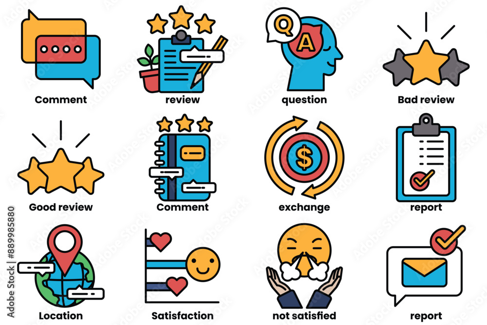 Poster set of icons in line style in the concept about the business and reviews