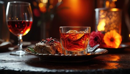 Glass of Whiskey with Ice on a Wooden Table.