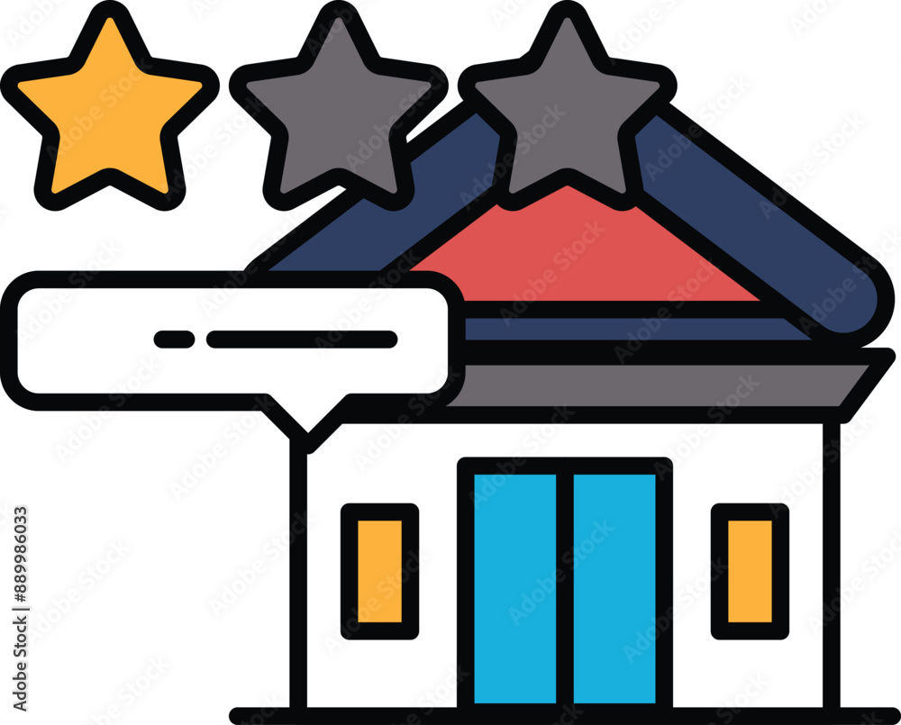 Poster a building with three stars on top and a speech bubble below