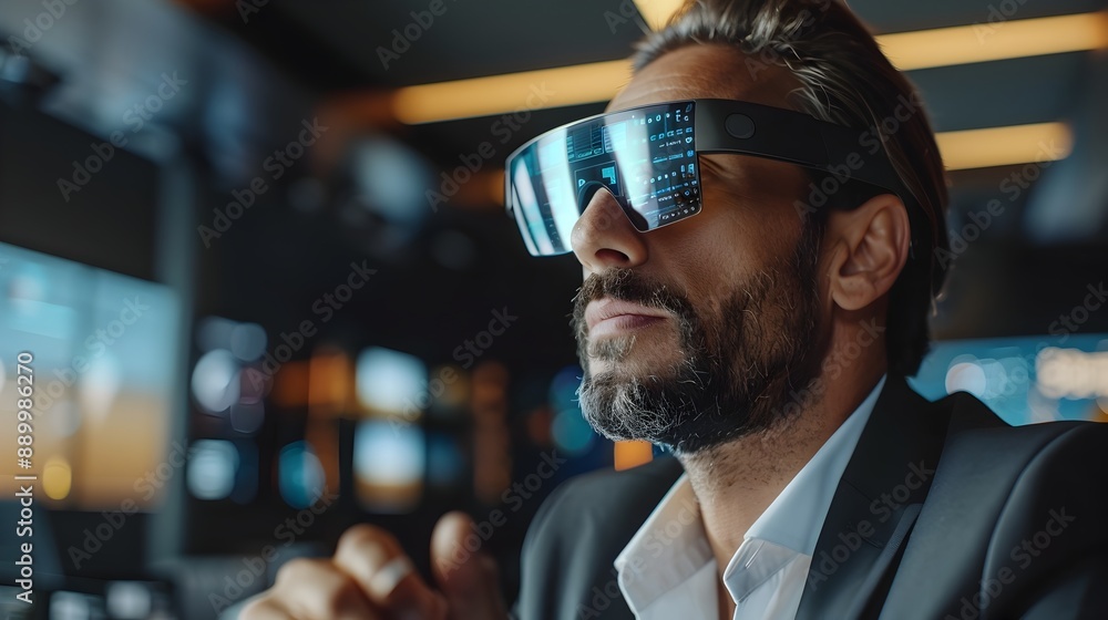Poster modern executive using augmented reality for data visualization and remote communication