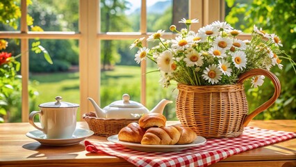 A cozy breakfast nook with a wooden table covered in a gingham tablecloth, a basket of freshly baked croissants, a vase of daisies, and a teapot.