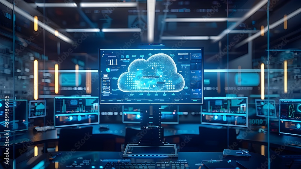 Poster high tech control room with cloud data analytics dashboards emphasizing the power of cloud computing