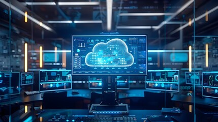 High Tech Control Room with Cloud Data Analytics Dashboards Emphasizing the Power of Cloud Computing