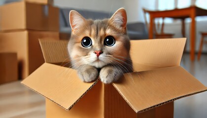Cute Cat with Big Eyes Inside Cardboard Box.