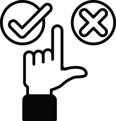 A hand pointing to a check mark and an X