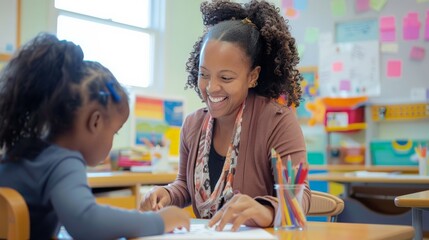 A teacher assisting a young student with a math problem at a desk in a bright, cheerful classroom