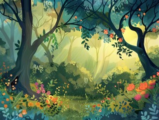 1. A whimsical forest background illustration for a kids' fairytale, featuring tall, enchanting trees with twisted branches, vibrant leaves, colorful flowers, and a soft, magical glow that creates a