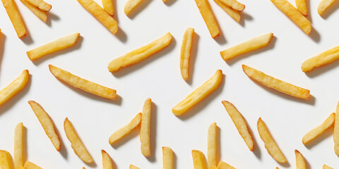 A background of French fries, each with its shadow, scattered across the canvas in an elegant display, with soft shadows on a white background