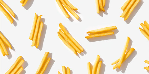 A background of French fries, each with its shadow, scattered across the canvas in an elegant display, with soft shadows on a white background