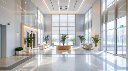 modern office lobby with clean lines and soft colors, professional and inviting,