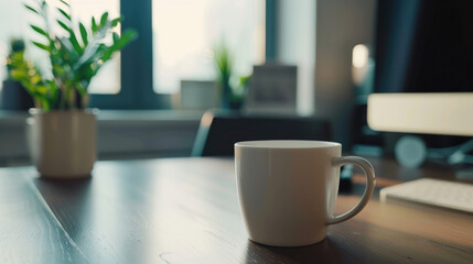 Coffee Cup on Office Table Next to Computer Screen Display