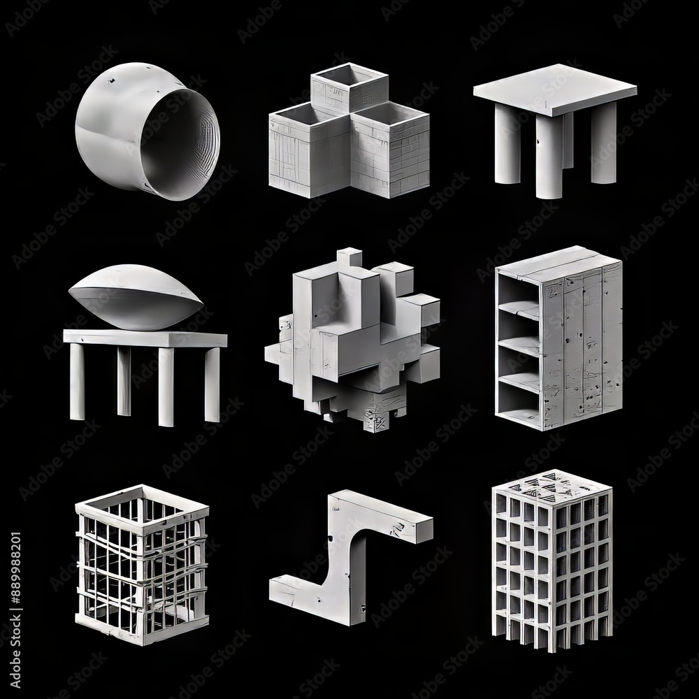 Poster futuristic concrete structures in a variety of shapes and sizes