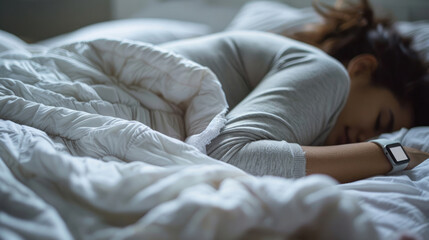 Monitoring Sleep Quality. Person with Sleep Tracker in Comfortable Bed
