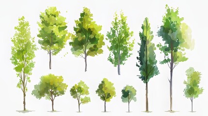 Watercolor Trees Collection of Lush Green Deciduous and Coniferous Trees in Different Shapes and Sizes