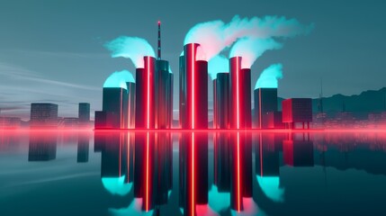 A futuristic city powered by a towering nuclear plant, neon lights illuminating the skyline, showcasing the integration of nuclear energy in urban environments