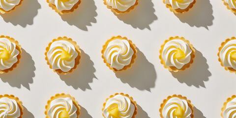 A background of lemon tarts, each with its shadow, scattered across the canvas in an elegant display, with soft shadows on a white background