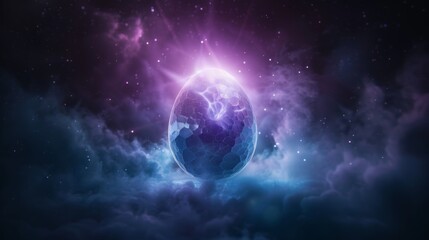 Obraz premium Atomic egg suspended in a dark, star-filled space, with radiant energy patterns emanating from within, illuminated by soft blue and purple hues