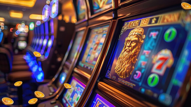 Greek God Zeus Enjoying Casino Slots with Lightning and Coin Explosion