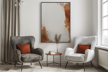 Harmonious blend of comfort and style, featuring two arm chairs in a modern living room setting a prominent framed poster on a white wall.