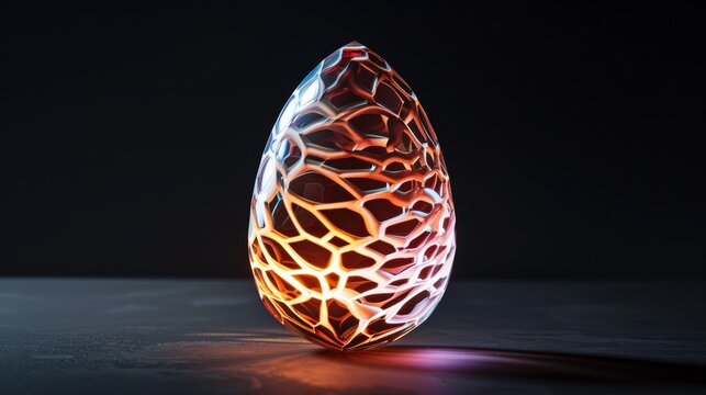 Atomic egg with surreal patterns that evolve, softly glowing in a dark setting, representing perpetual transformation