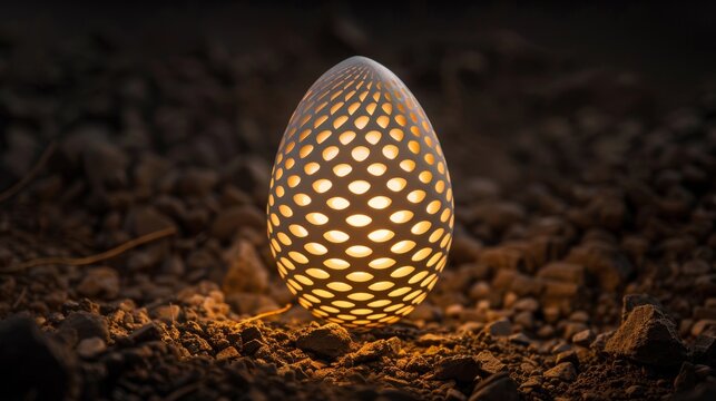 Atomic egg with surreal patterns that evolve, softly glowing in a dark setting, representing perpetual transformation