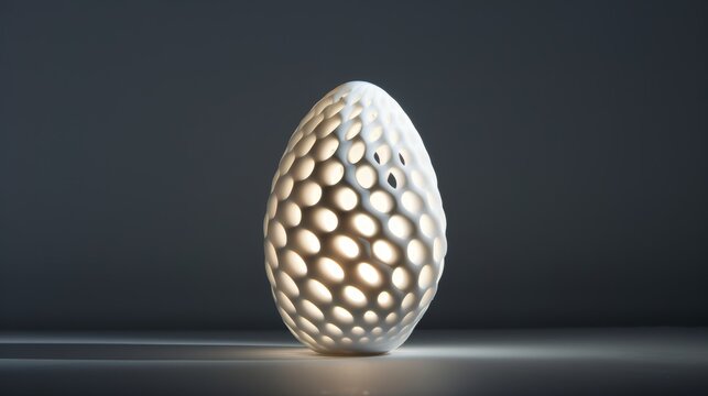 Atomic egg with surreal patterns that evolve, softly glowing in a dark setting, representing perpetual transformation