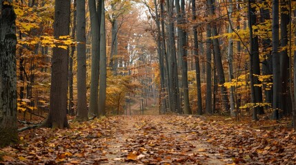 Fototapeta premium A tranquil forest path covered in fallen leaves, inviting a peaceful walk under the canopy of tall trees
