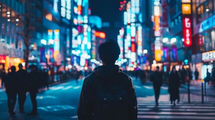Obraz premium A traveler exploring the bustling streets of Tokyo at night, with neon lights and busy crosswalks
