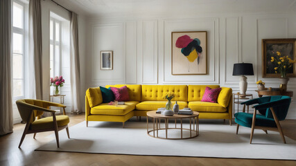 Elegant Modern Living Room with Yellow Sofa and Colorful Accents