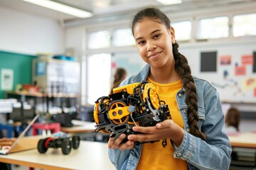 Young happy college student holding her robotic toy in a robotics classroom at school. Students build electric toys and robots. Science and Technology in Education.