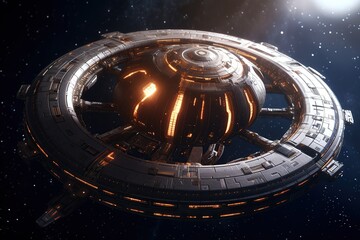 Futuristic spaceship orbiting in deep space with glowing lights