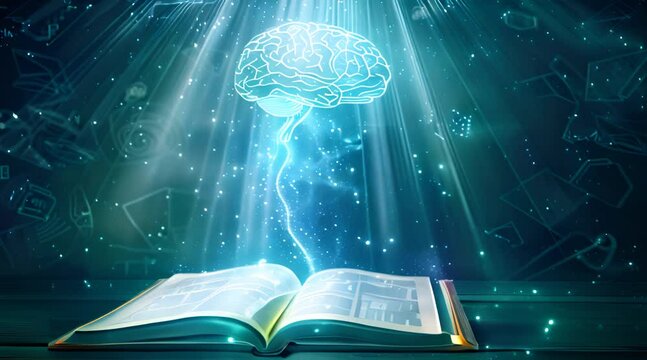 Glowing Digital Brain Floating Above Open Book in Darkness Concept of Study, Knowledge, and Solutions
