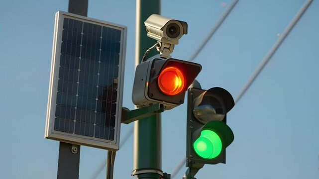 A security camera with a solar panel attached is mounted on a traffic light keeping a watchful eye on busy intersections.