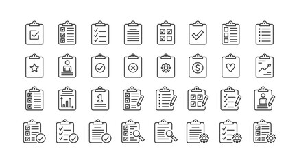 Collection of thin line icons with clipboard - check list, report, survey, questionnaire. Pixel perfect, editable stroke, vector eps10 illustration