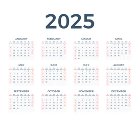 2025 calendar, week starts on Sunday, vector eps10 illustration
