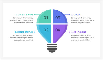 Infographic template featuring a light bulb with four distinct elements, symbolizing innovative ideas and highlighting key concepts or steps, vector eps10 illustration