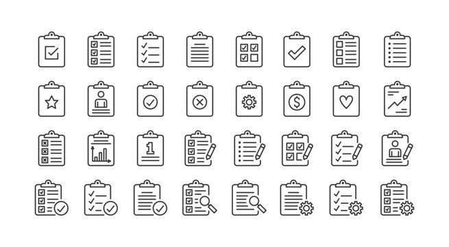 Collection of thin line icons with clipboard - check list, report, survey, questionnaire. Pixel perfect, editable stroke, vector eps10 illustration