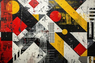 Fototapeta premium Painting with red, white, black, and yellow geometric pattern made with acrylic paints as abstract background.