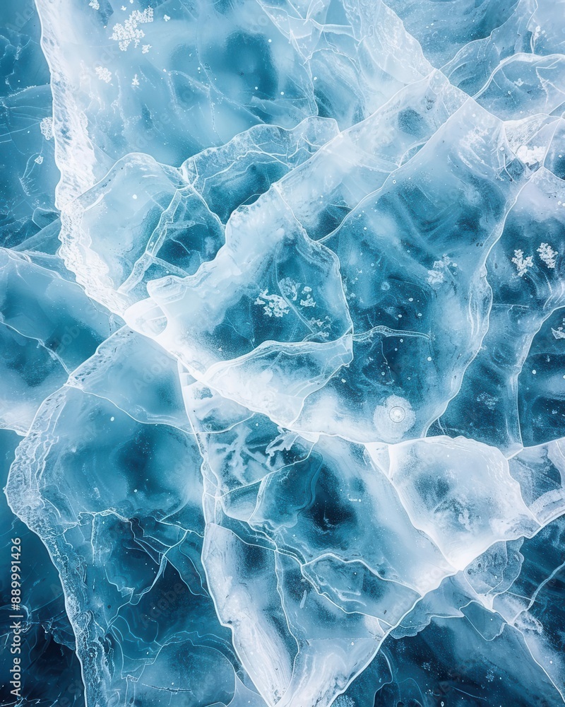 Poster full frame background of frost texture on the surface of icy lake of baikal in russia, creating a me