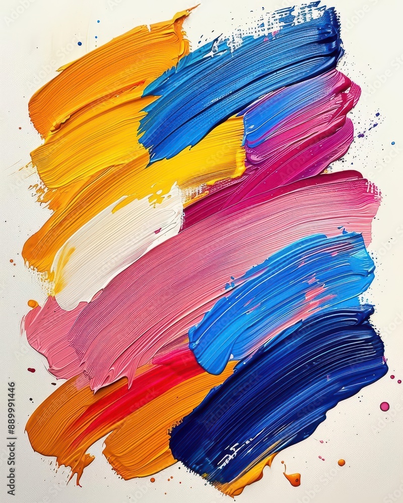 Poster from above, the abstract multicolored brush strokes of acrylic colors on white canvas create a stunn
