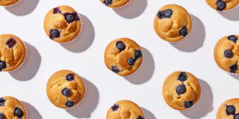 A background of muffins, each with its shadow, scattered across the canvas in an elegant display, with soft shadows on a white background