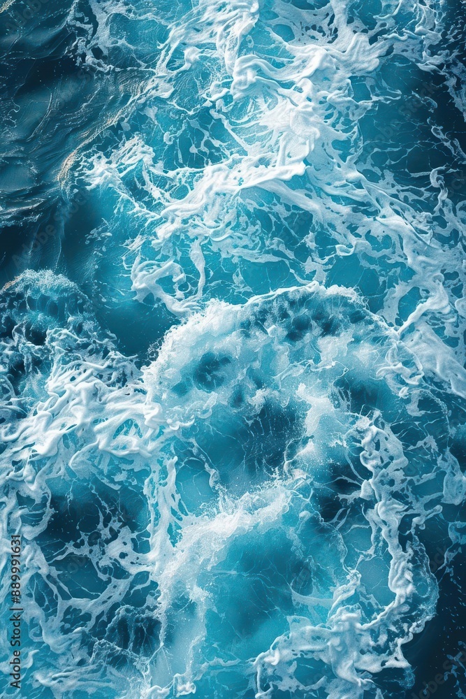 Poster an aerial view from above captures the turquoise ocean water with splashes and foam, creating an abs