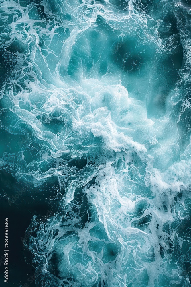 Poster from above aerial view of turquoise ocean water with splashes and foam for abstract natural backgrou
