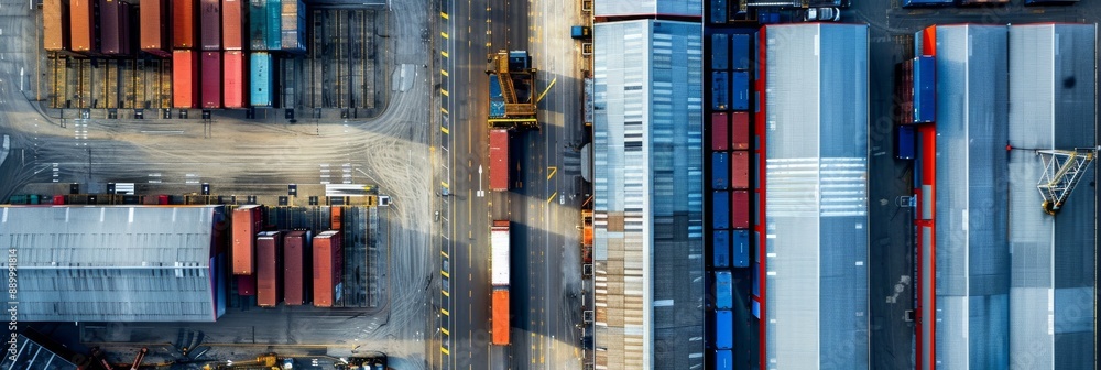 Poster an aerial view of a busy logistics facility with multiple warehouses, loading docks, and containers.