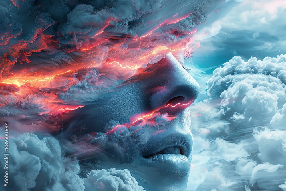 Aufkleber abstract face with clouds and colorful elements in a surreal digital illustration
