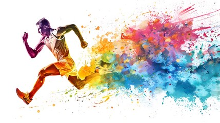 Athletic man runs doing sports on a white background with an explosion of colored paint.