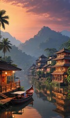 Obraz premium Sunset over a river town in Southeast Asia.
