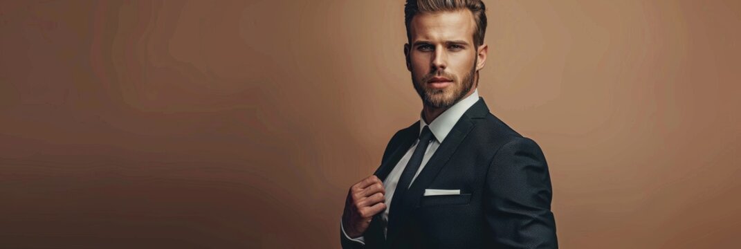 A handsome man in a sharp black suit stands confidently against a tan backdrop, adjusting his jacket with a relaxed expression - Powered by Adobe