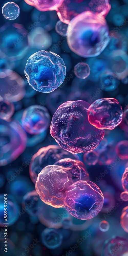 Poster Closeup of abstract background with round shaped cells of vaccine of varying sizes illuminated by vibrant light, creating a mesmerizing display.